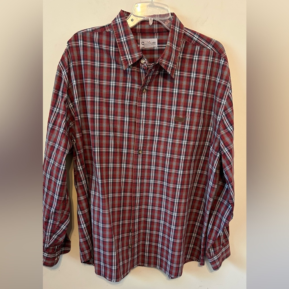 Mens Carhartt Shirt 2XL Button Down‎ Red Plaid 100% Cotton EUC